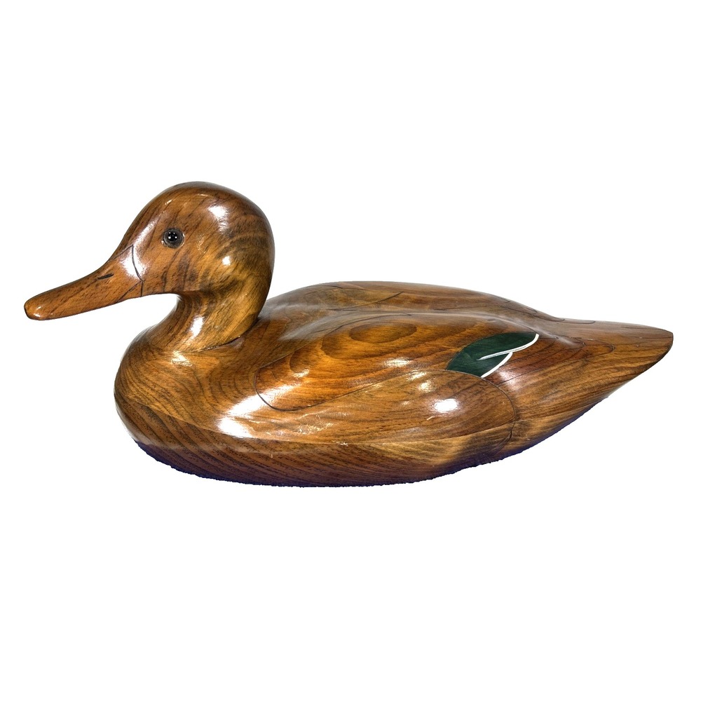 Vtg 1997 Hand Carved Wooden Mallard Duck Decoy Artist Signed Natural Wood Grain